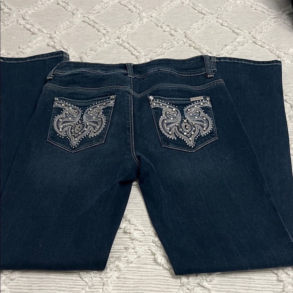 Chico's Dark Blue Boot Cut Jeans with Silver Embellishments